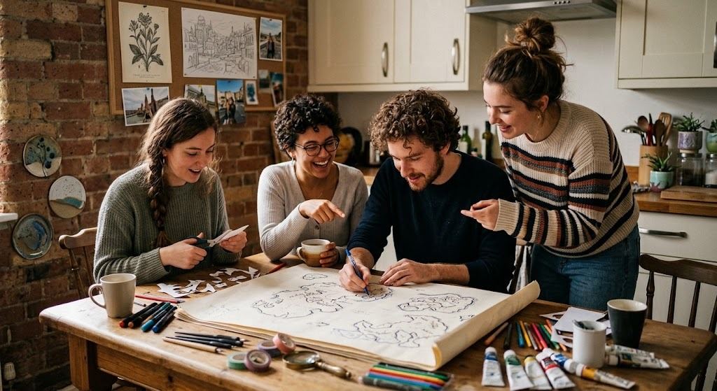 Friends collaborating on a hand-drawn map project
