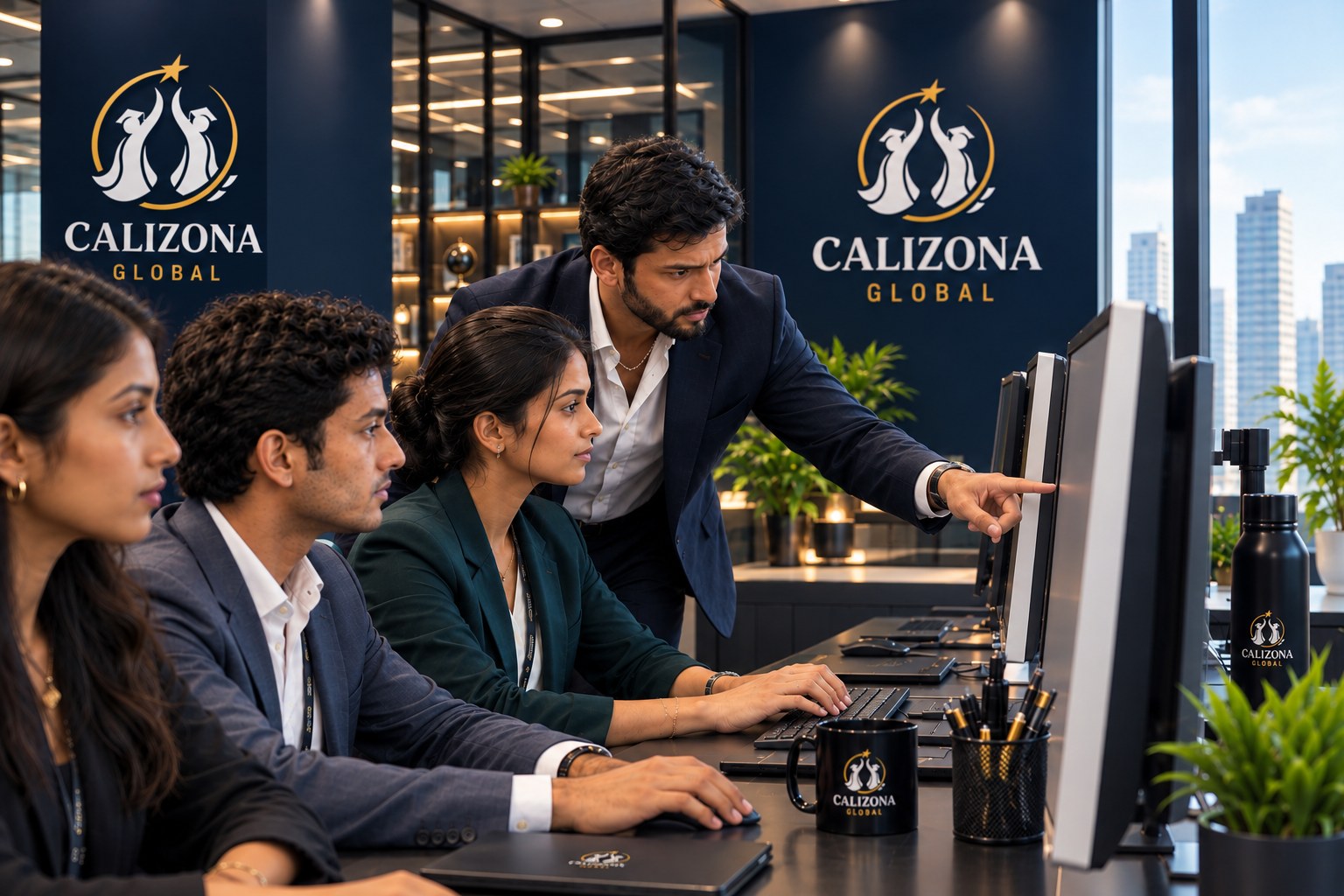 Learners at computers with a trainer in a Calizona Global learning lab