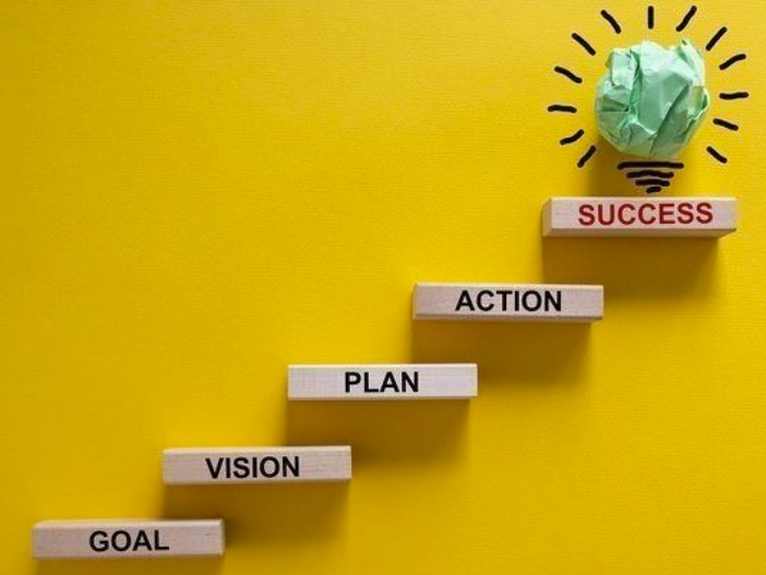 Wooden steps labelled goal, vision, plan, action and success